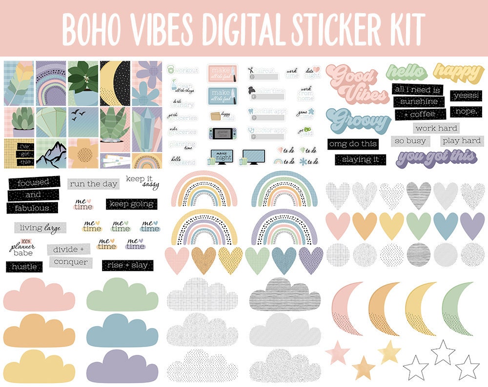 Boho Vibes Digital Sticker Mega Bundle | GoodNotes & iPad | August, Retro, Dreamcatcher, Feather, Papers, Crystals, Adulting, Tasks