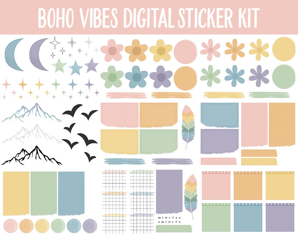 Boho Vibes Digital Sticker Mega Bundle | GoodNotes & iPad | August, Retro, Dreamcatcher, Feather, Papers, Crystals, Adulting, Tasks