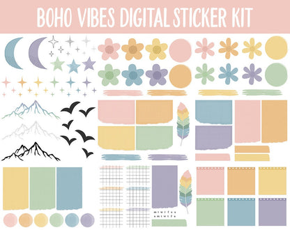Boho Vibes Digital Sticker Mega Bundle | GoodNotes & iPad | August, Retro, Dreamcatcher, Feather, Papers, Crystals, Adulting, Tasks