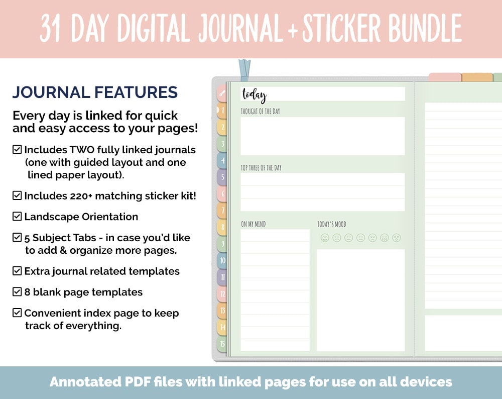 31 Day Digital Journal + Sticker Bundle | Boho Theme