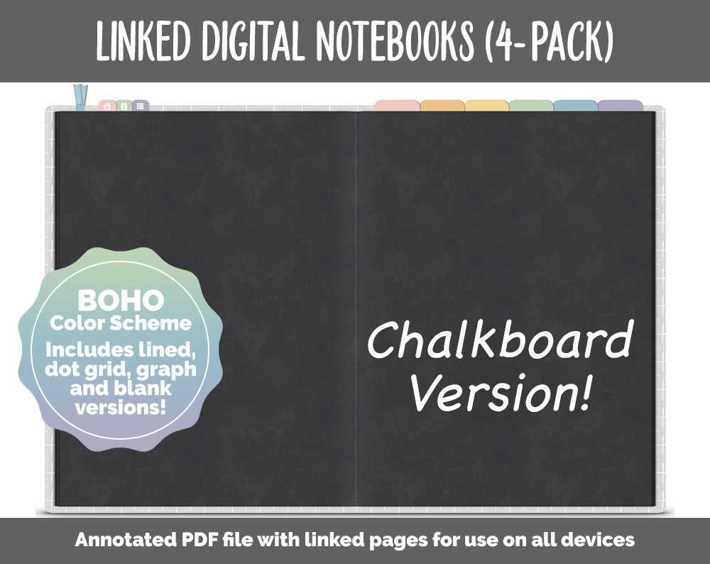 Linked Digital Notebooks 4- Pack | Chalkboard | Boho Theme | GoodNotes, iPad & Android