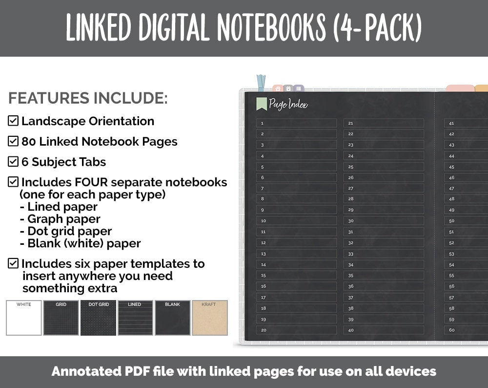 Linked Digital Notebooks 4- Pack | Chalkboard | Boho Theme | GoodNotes, iPad & Android