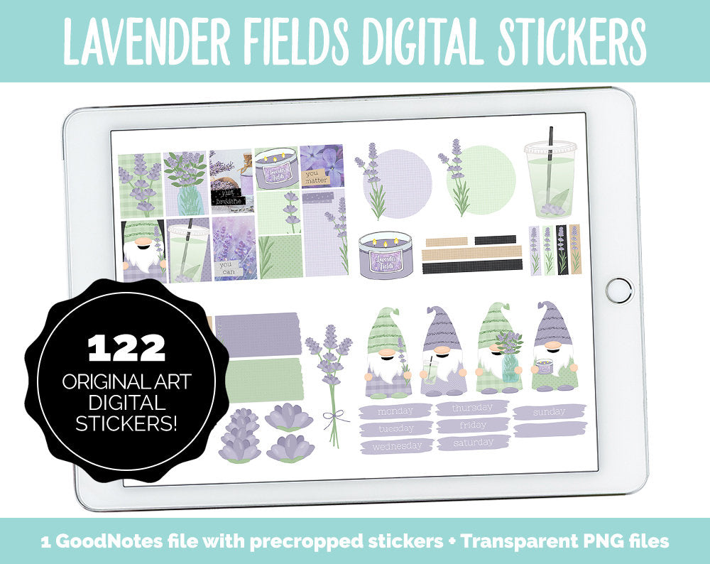 Lavender Fields Digital Planner Stickers | GoodNotes, iPad and Android | Floral, Botantical, Self-Care, Gnomes