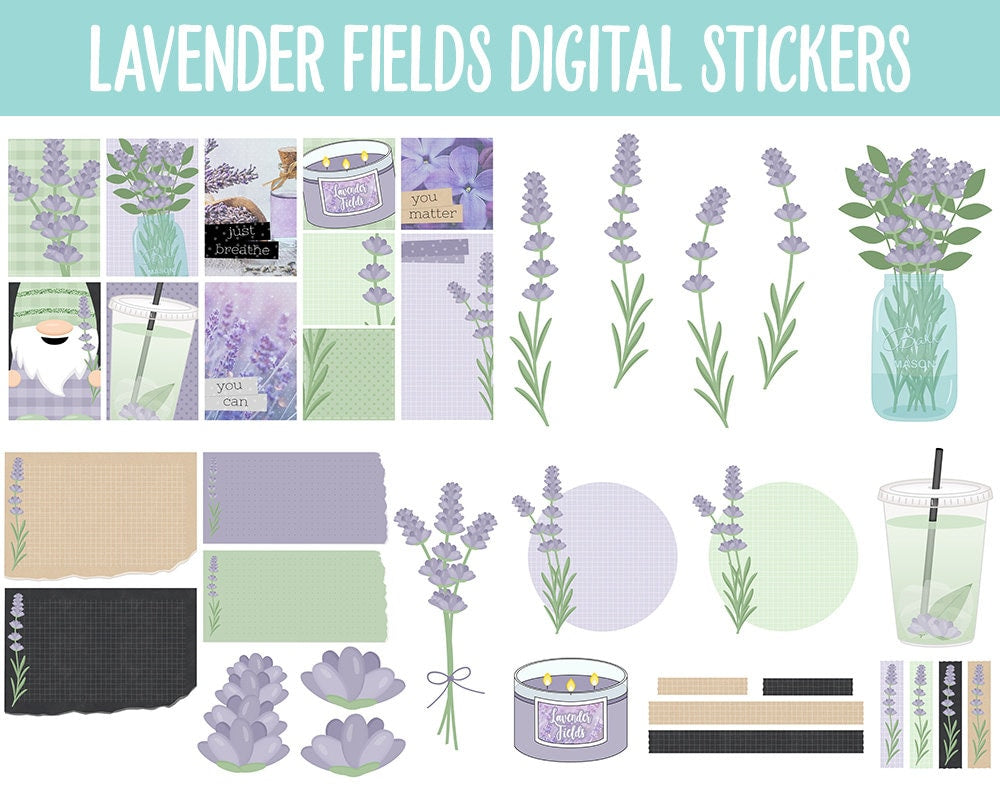 Lavender Fields Digital Planner Stickers | GoodNotes, iPad and Android | Floral, Botantical, Self-Care, Gnomes