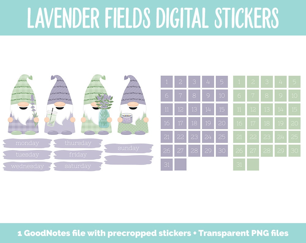 Lavender Fields Digital Planner Stickers | GoodNotes, iPad and Android | Floral, Botantical, Self-Care, Gnomes