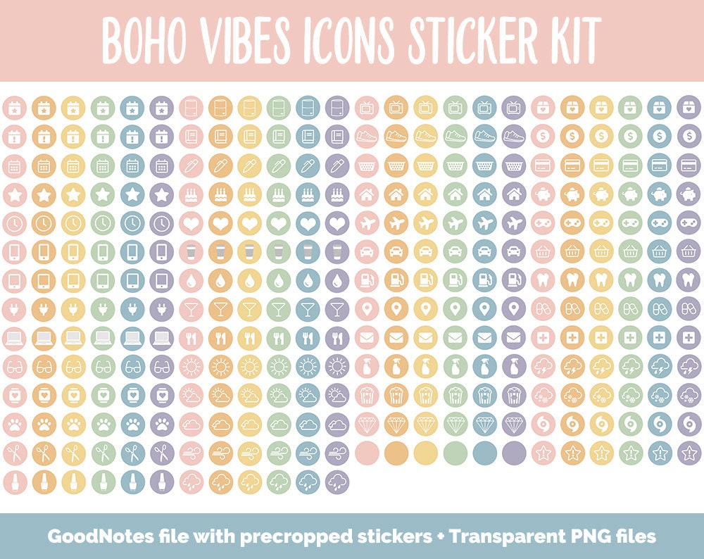 Boho Vibes Icon Digital Planner Stickers | GoodNotes, iPad and Android | Icons, Life, Weather, Everyday