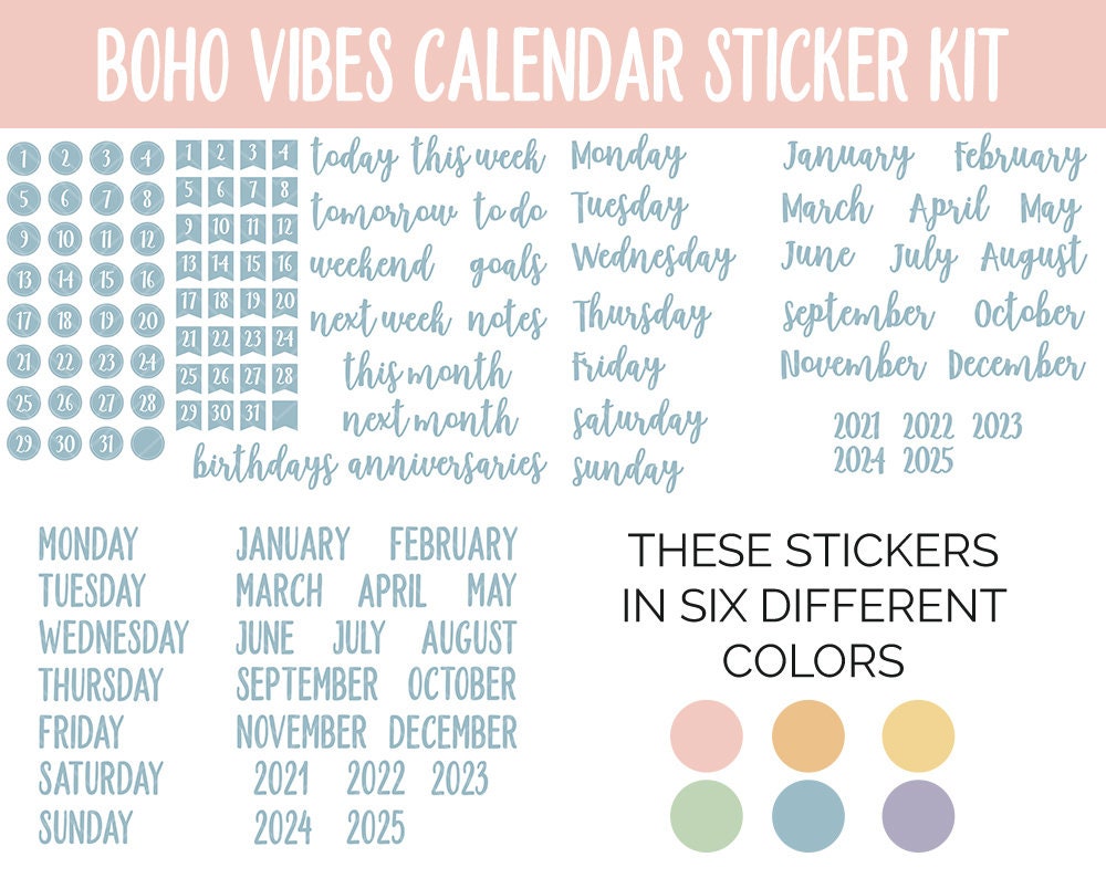 Boho Vibes Calendar Essentials Digital Planner Stickers | GoodNotes, iPad and Android | Dates, Days of the Week, Months