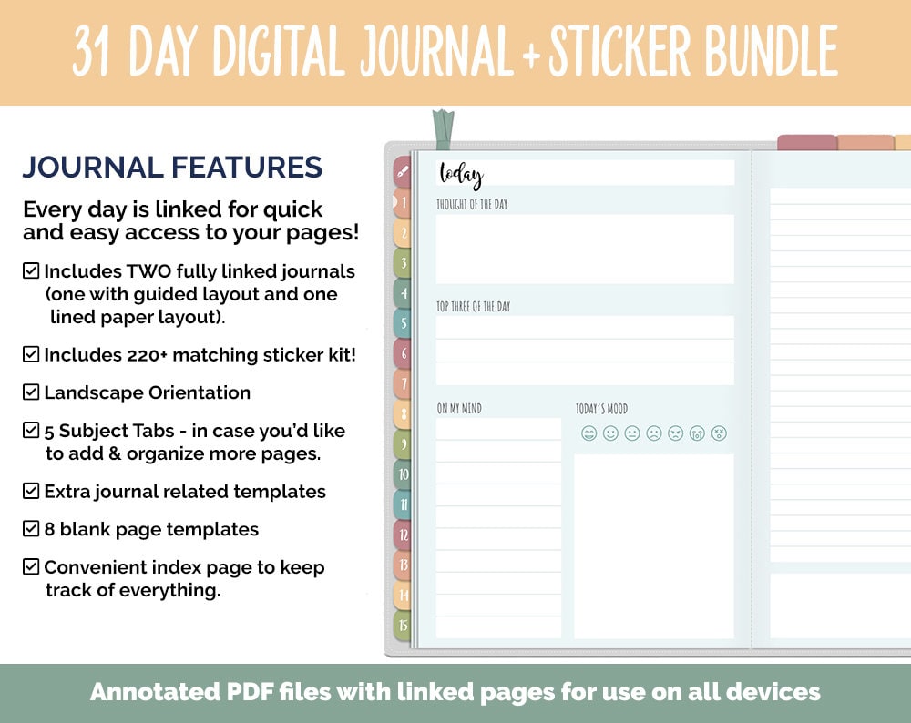 31 Day Digital Journal + Sticker Bundle | Farmstead Theme