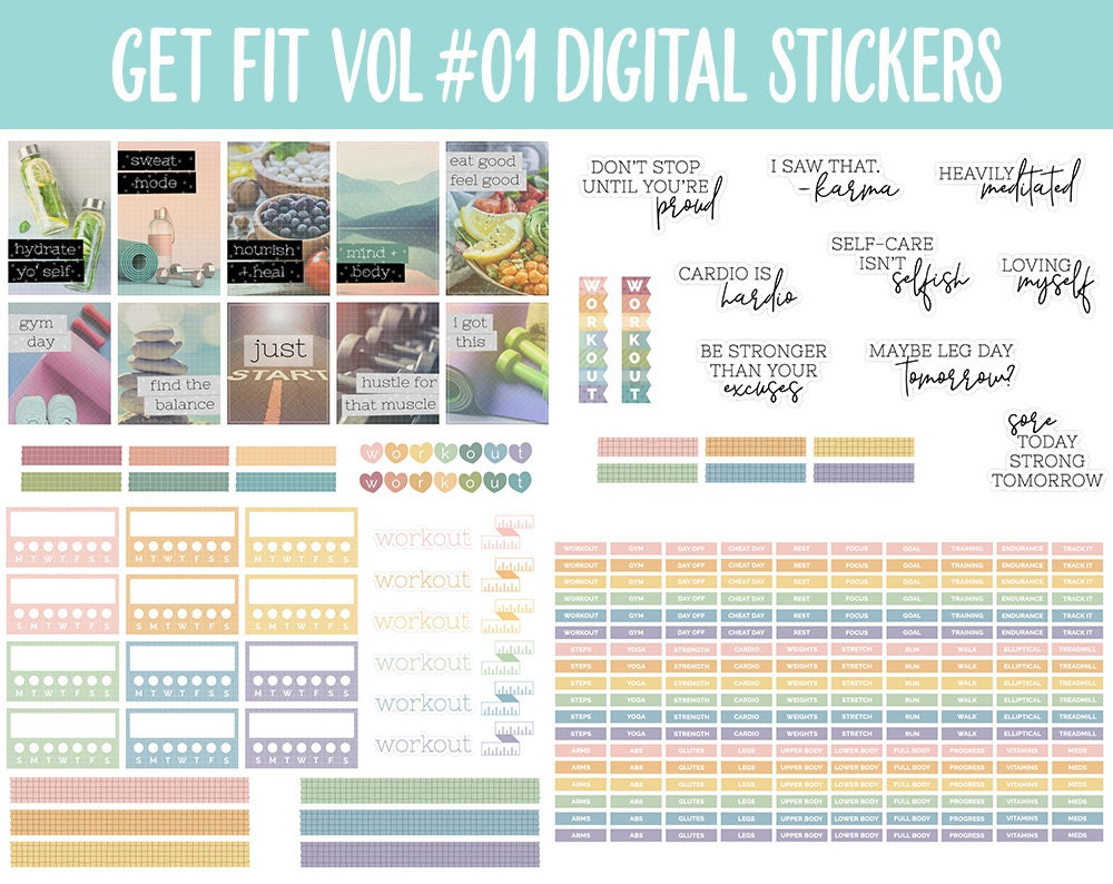 Get Fit Vol #01 Digital Stickers | GoodNotes & iPad | Fitness, Health, Self-Care, Workout | Boho Vibes | Cottage Vibes