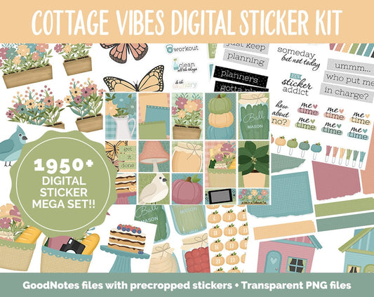 Cottage Vibes Digital Sticker Mega Bundle | GoodNotes & iPad | September, Retro, Fall, Papers, Cottage Core, Garden, Adulting, Tasks