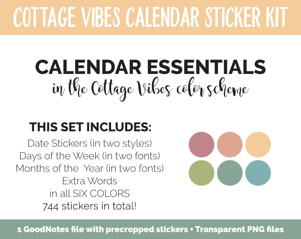 Cottage Vibes Calendar Essentials Digital Planner Stickers | GoodNotes, iPad and Android | Dates, Days of the Week, Months