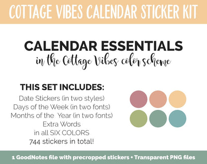 Cottage Vibes Calendar Essentials Digital Planner Stickers | GoodNotes, iPad and Android | Dates, Days of the Week, Months