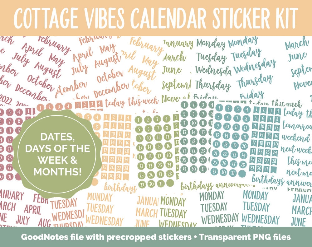 Cottage Vibes Calendar Essentials Digital Planner Stickers | GoodNotes, iPad and Android | Dates, Days of the Week, Months