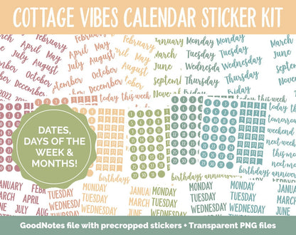 Cottage Vibes Calendar Essentials Digital Planner Stickers | GoodNotes, iPad and Android | Dates, Days of the Week, Months