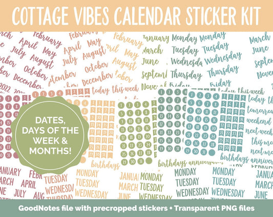 Cottage Vibes Calendar Essentials Digital Planner Stickers | GoodNotes, iPad and Android | Dates, Days of the Week, Months