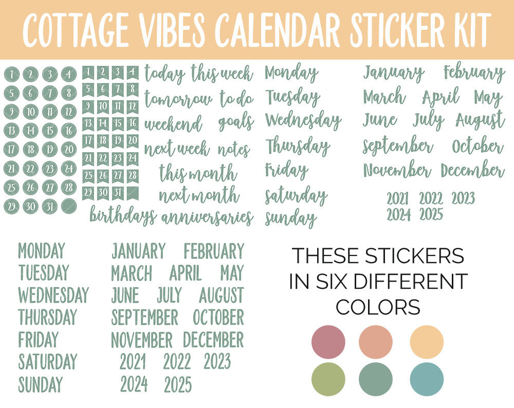 Cottage Vibes Calendar Essentials Digital Planner Stickers | GoodNotes, iPad and Android | Dates, Days of the Week, Months