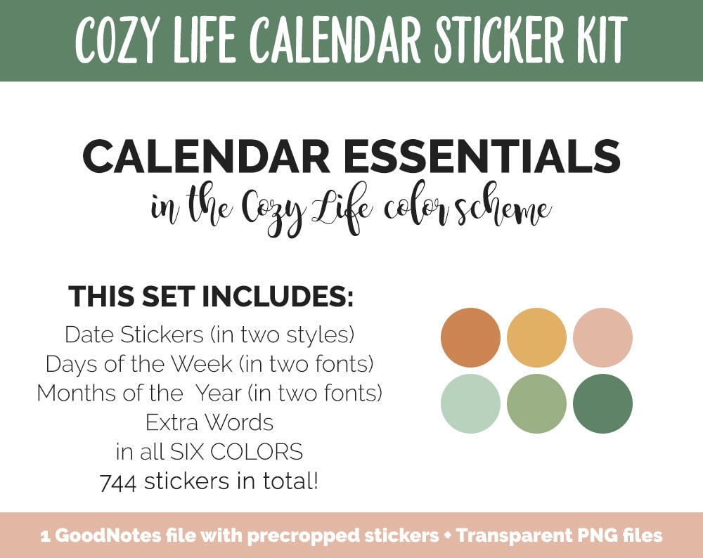 Cozy Life Calendar Essentials Digital Planner Stickers | GoodNotes, iPad and Android | Dates, Days of the Week, Months