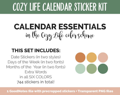 Cozy Life Calendar Essentials Digital Planner Stickers | GoodNotes, iPad and Android | Dates, Days of the Week, Months