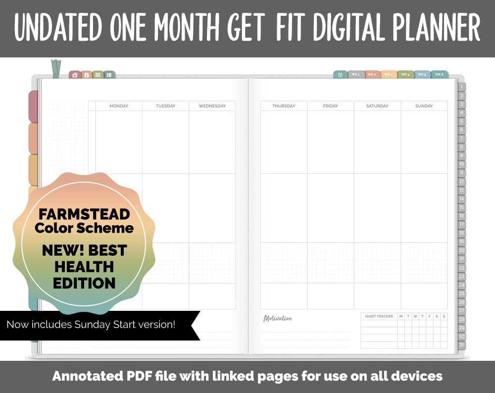 NEW! Undated Get Fit One Month Digital Planner | Farmstead - Best Health Edition | GoodNotes, iPad & Android | Fitness, Self-Care