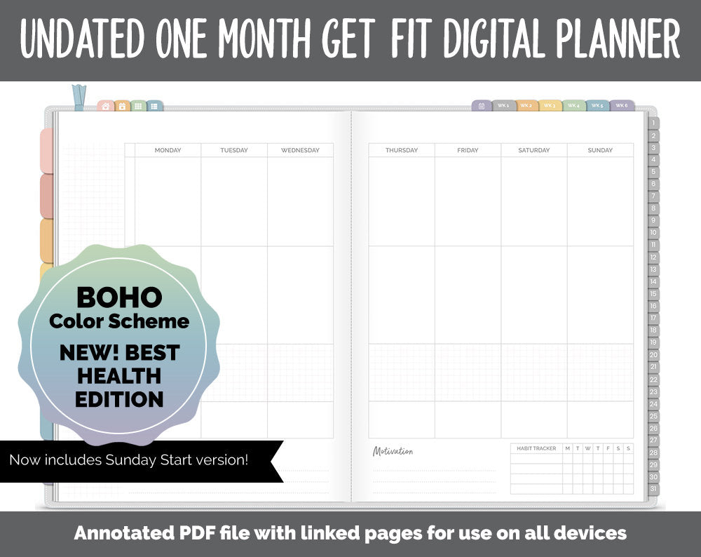 NEW! Undated Get Fit One Month Digital Planner | Boho - Best Health Edition | GoodNotes, iPad & Android | Fitness, Self-Care