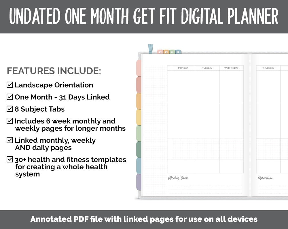 NEW! Undated Get Fit One Month Digital Planner | Boho - Best Health Edition | GoodNotes, iPad & Android | Fitness, Self-Care