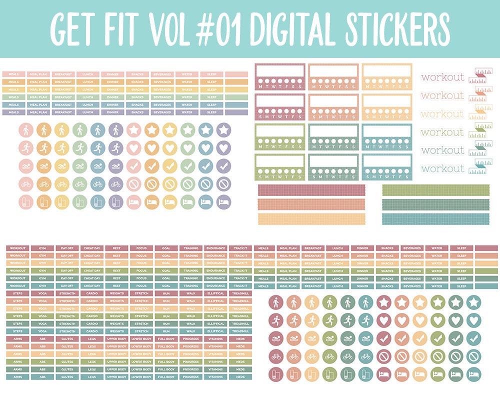 Get Fit Vol #01 Digital Stickers | GoodNotes & iPad | Fitness, Health, Self-Care, Workout | Boho Vibes | Cottage Vibes