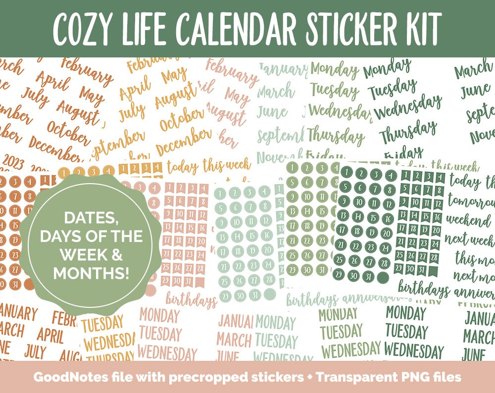 Cozy Life Calendar Essentials Digital Planner Stickers | GoodNotes, iPad and Android | Dates, Days of the Week, Months