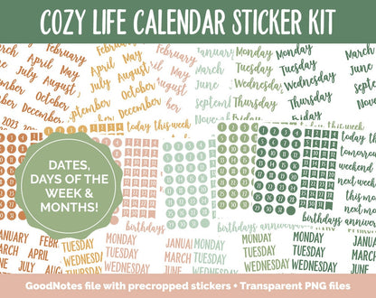 Cozy Life Calendar Essentials Digital Planner Stickers | GoodNotes, iPad and Android | Dates, Days of the Week, Months