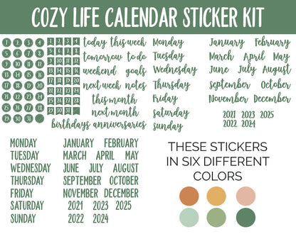 Cozy Life Calendar Essentials Digital Planner Stickers | GoodNotes, iPad and Android | Dates, Days of the Week, Months