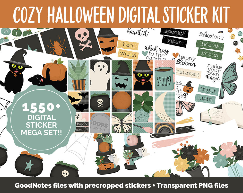 Cozy Halloween Digital Stickers | GoodNotes & iPad | Sassy Cat, Boho, Decor, Autumn, Fall