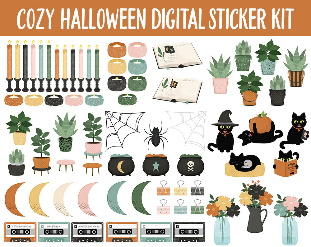 Cozy Halloween Digital Stickers | GoodNotes & iPad | Sassy Cat, Boho, Decor, Autumn, Fall