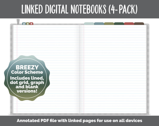 Linked Digital Notebooks 4- Pack | Breezy Theme | GoodNotes, iPad & Android