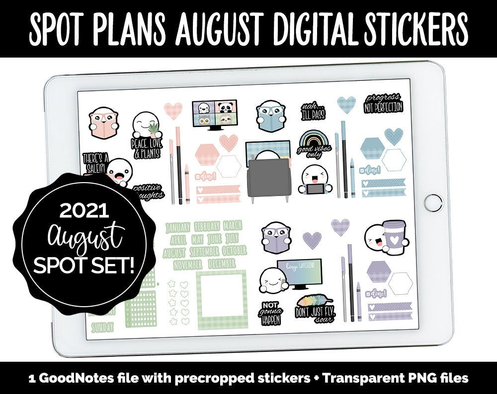 Spot Plans August Digital Stickers | GoodNotes, iPad and Android | Boho, Rainbow, Sassy, Adulting, Planning