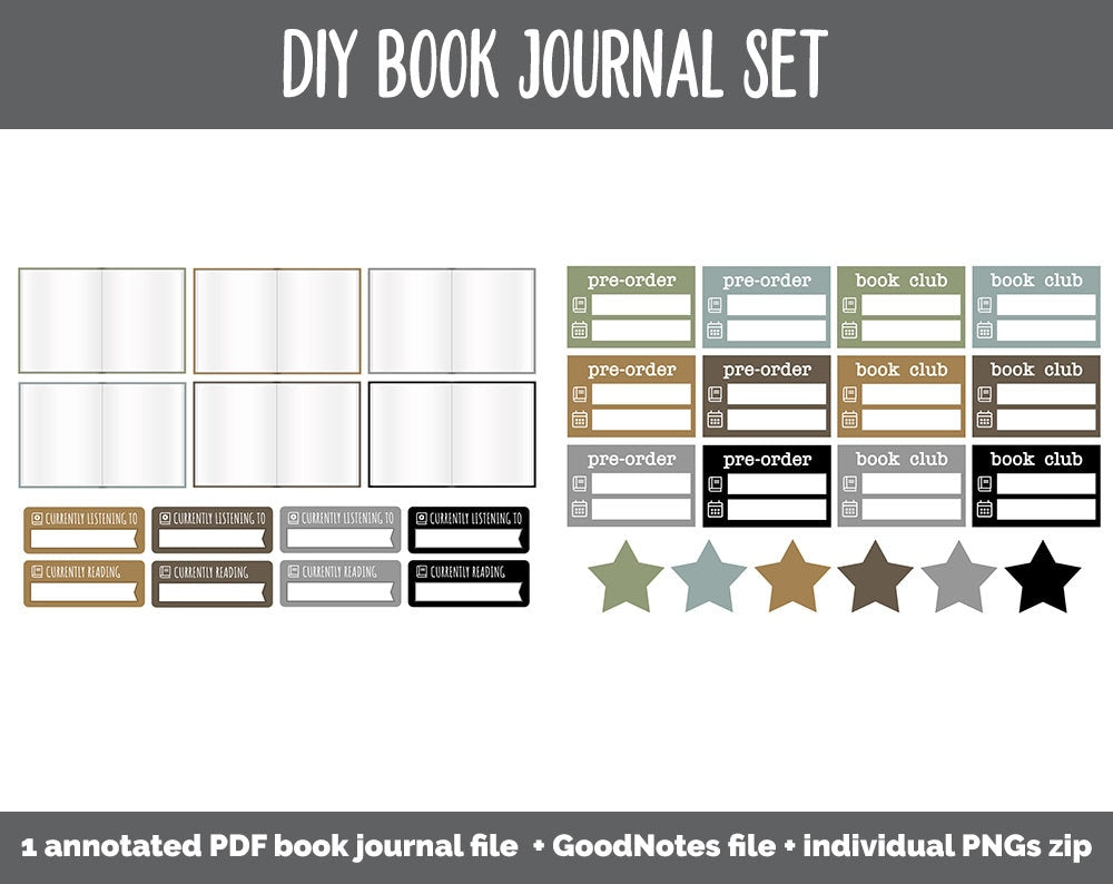 DIY Digital Book Journal + Sticker Set | Goodnotes, iPad & Android  | Reading Tracker, Reviews, Log, Challenges
