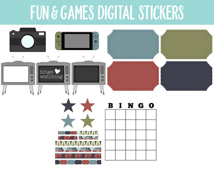 Fun & Games Digital Planner Stickers | GoodNotes, iPad and Android | Family Time, Movies, TV, Binge Watching, Board Games, Classic