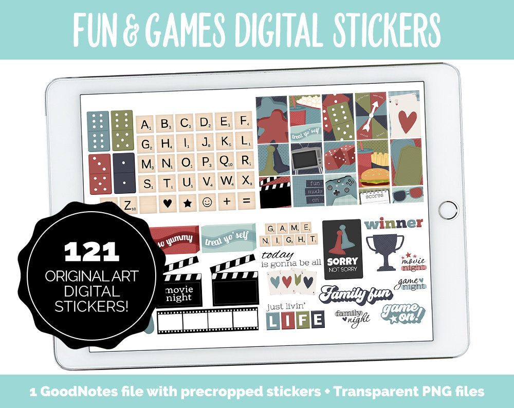 Fun & Games Digital Planner Stickers | GoodNotes, iPad and Android | Family Time, Movies, TV, Binge Watching, Board Games, Classic