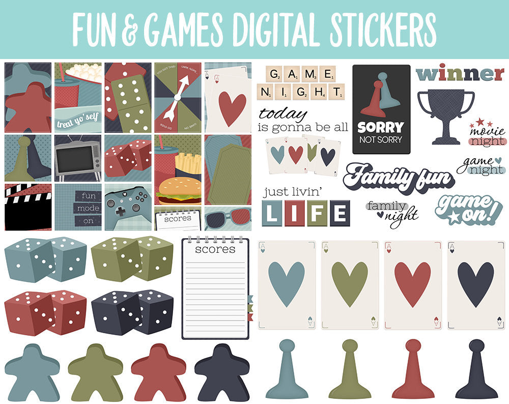 Fun & Games Digital Planner Stickers | GoodNotes, iPad and Android | Family Time, Movies, TV, Binge Watching, Board Games, Classic