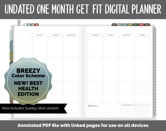 NEW! Undated Get Fit One Month Digital Planner | Breezy - Best Health Edition | GoodNotes, iPad & Android | Fitness, Self-Care