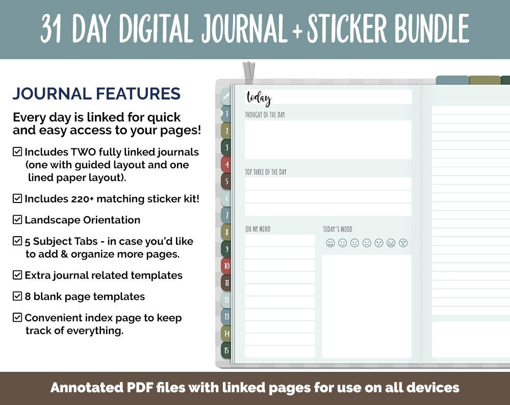 31 Day Digital Journal + Sticker Bundle | Breezy Theme