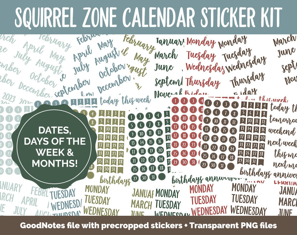 Squirrel Zone Calendar Essentials Digital Planner Stickers | GoodNotes, iPad and Android | Dates, Days of the Week, Months