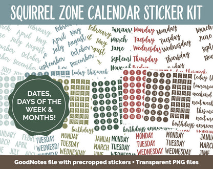 Squirrel Zone Calendar Essentials Digital Planner Stickers | GoodNotes, iPad and Android | Dates, Days of the Week, Months
