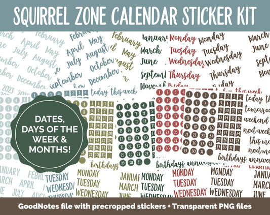 Squirrel Zone Calendar Essentials Digital Planner Stickers | GoodNotes, iPad and Android | Dates, Days of the Week, Months