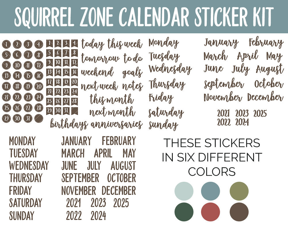 Squirrel Zone Calendar Essentials Digital Planner Stickers | GoodNotes, iPad and Android | Dates, Days of the Week, Months