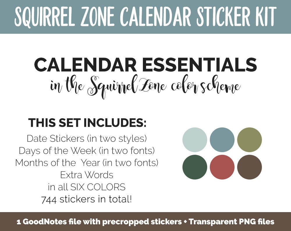 Squirrel Zone Calendar Essentials Digital Planner Stickers | GoodNotes, iPad and Android | Dates, Days of the Week, Months