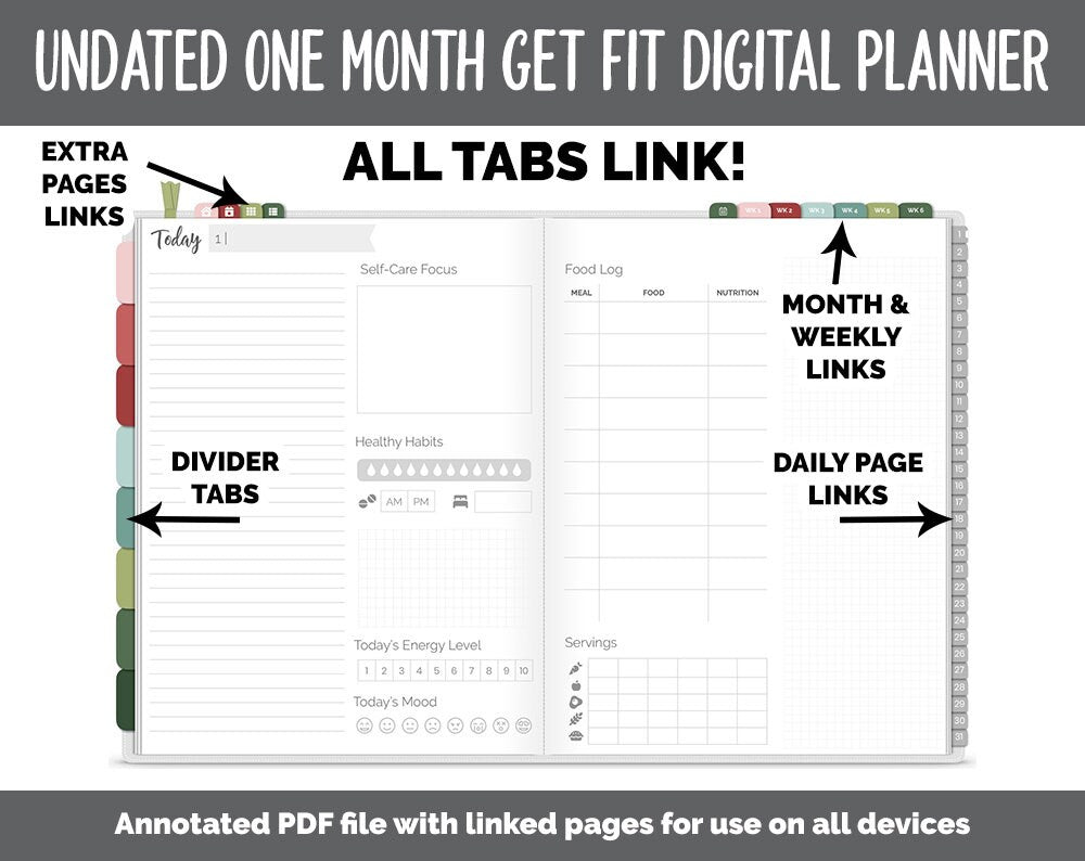 NEW! Undated Get Fit One Month Digital Planner | Joy - Best Health Edition | GoodNotes, iPad & Android | Fitness, Self-Care