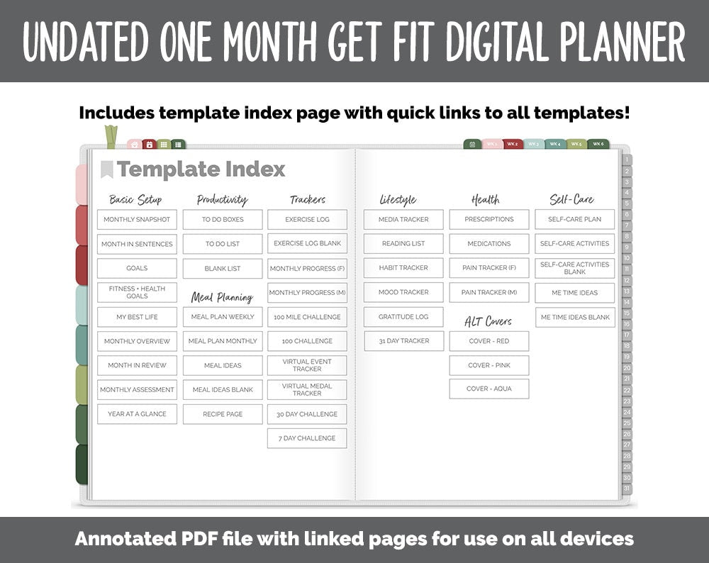 NEW! Undated Get Fit One Month Digital Planner | Joy - Best Health Edition | GoodNotes, iPad & Android | Fitness, Self-Care