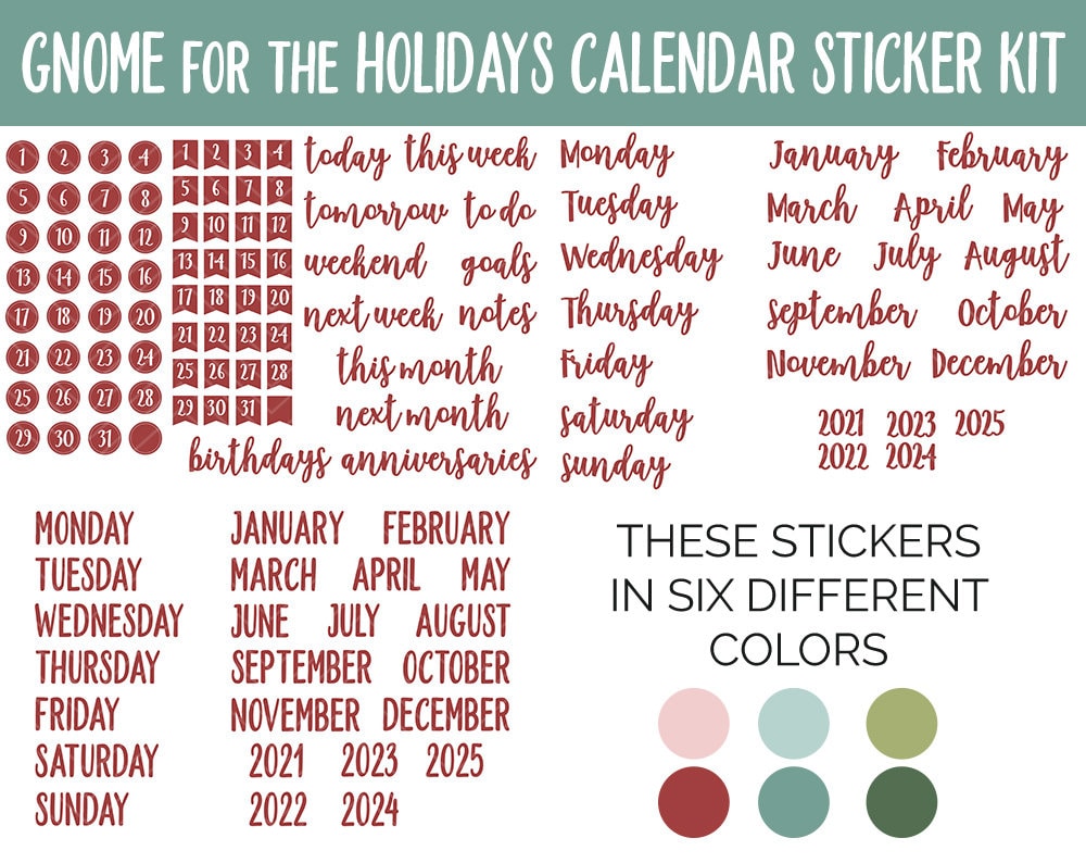 Gnome for the Holidays Calendar Essentials Digital Planner Stickers | GoodNotes, iPad and Android | Dates, Days of the Week, Months