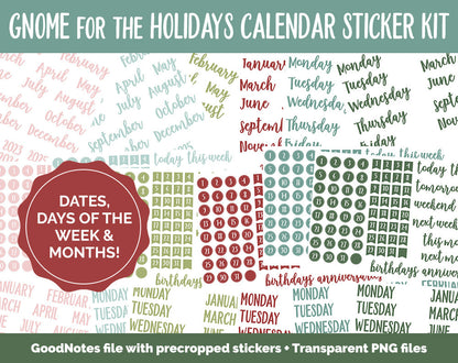 Gnome for the Holidays Calendar Essentials Digital Planner Stickers | GoodNotes, iPad and Android | Dates, Days of the Week, Months