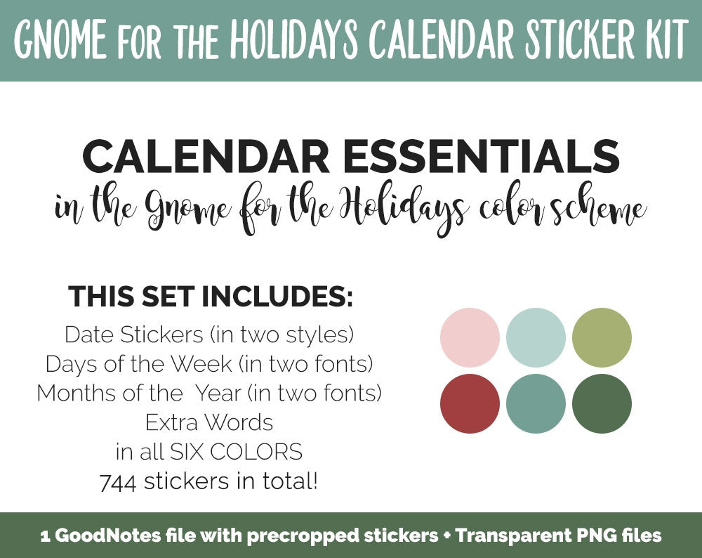 Gnome for the Holidays Calendar Essentials Digital Planner Stickers | GoodNotes, iPad and Android | Dates, Days of the Week, Months