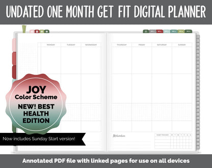 NEW! Undated Get Fit One Month Digital Planner | Joy - Best Health Edition | GoodNotes, iPad & Android | Fitness, Self-Care